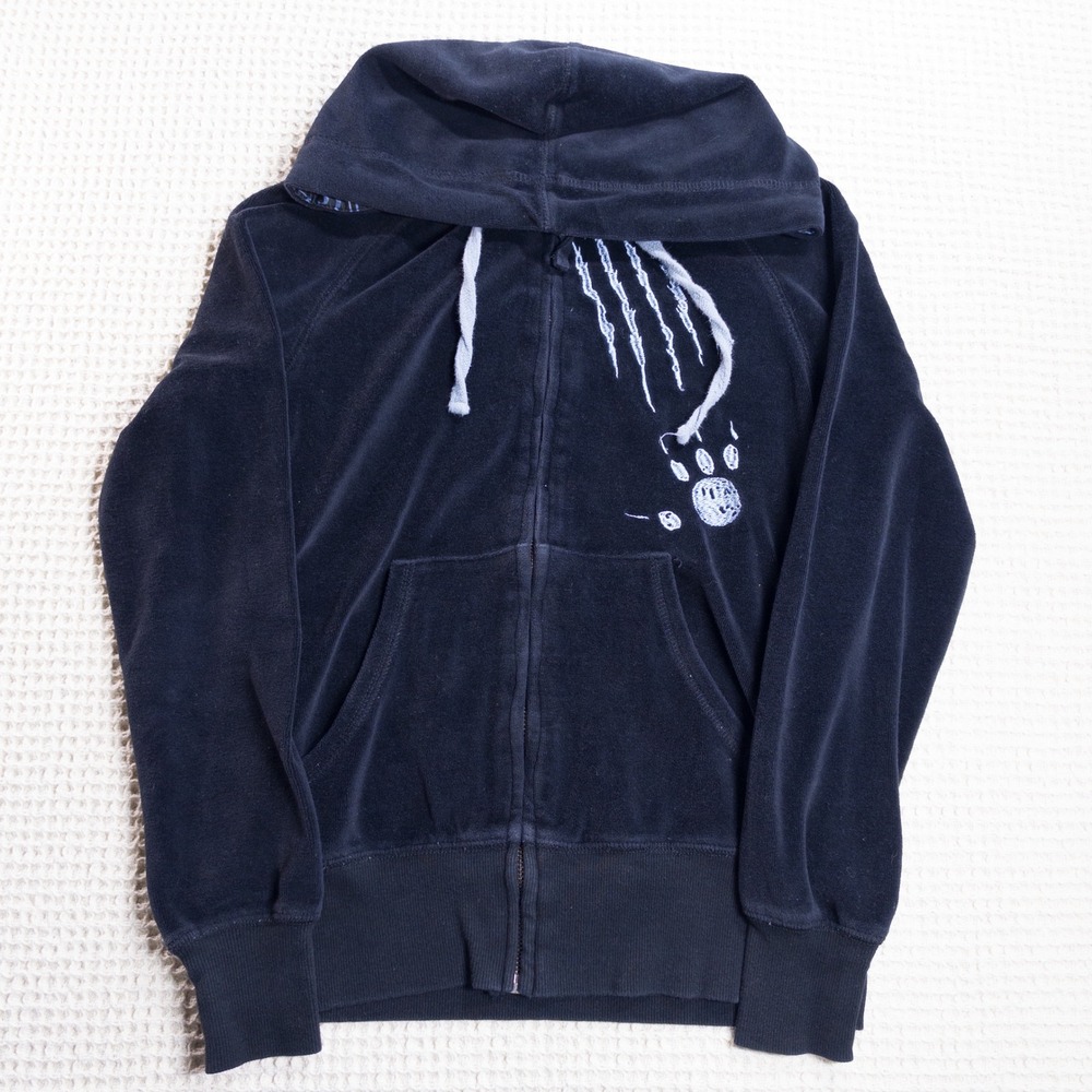 Disney Parks Stitch Velour Zip Up Hoodie Black XS Distressed Graphic Lilo Stitch